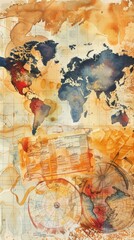 An artistic watercolor depiction of financial notes and trade strategy, featuring a dynamic representation of market trends and global trade routes