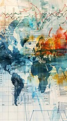 Obraz premium An artistic watercolor depiction of financial notes and trade strategy, featuring a dynamic representation of market trends and global trade routes