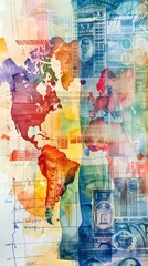 An artistic watercolor depiction of financial notes and trade strategy, featuring a dynamic representation of market trends and global trade routes
