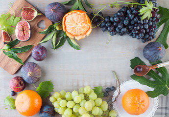 Mock up with fruit. Food frame background. Fresh Fruit mix and copy cpace