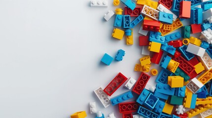 Fototapeta premium The bricks of different shapes and sizes to show diversity. White background, white space in the center of picture. A pile of colorful blocks scattered all over the place.