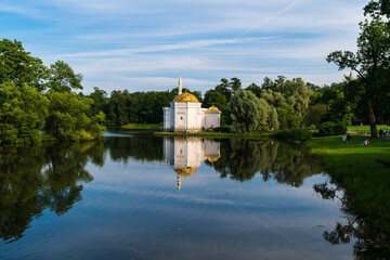  Evening panorama on the large pond of Catherine Park with the Turkish bath. Tsarskoe Selo,...