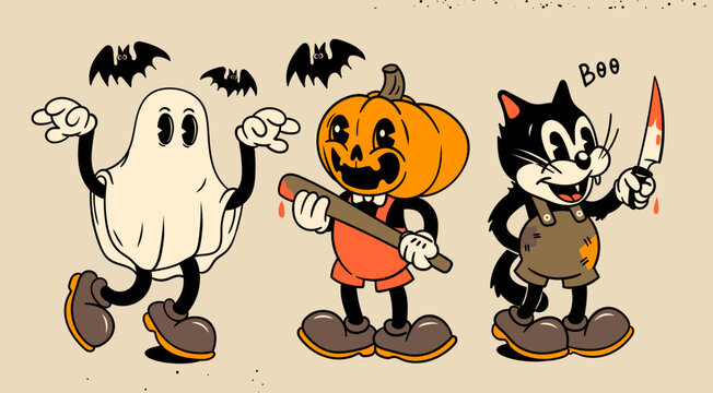 Ghost, Pumpkin head with baseball bat, Cat with knife. Halloween concept. Hand drawn modern Vector illustration. Isolated design elements. Cute creepy, scary, funny characters. Cartoon retro style