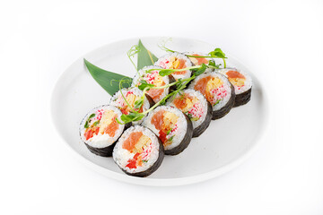 Futomaki with salmon, crab, scrambled eggs, bell peppers, cream cheese and onions
