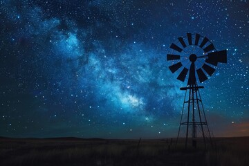 A windmill silhouetted under a starry sky, with a softly blurred background of night-time fields. 