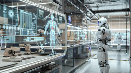 Naklejka premium Wellness technology with a humanoid robot in a high-tech lab, showcasing cutting-edge health and fitness innovations.