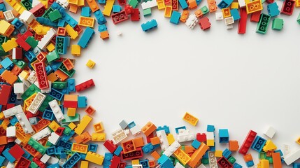 The bricks of different shapes and sizes to show diversity. White background, white space in the center of picture. A pile of colorful blocks scattered all over the place.