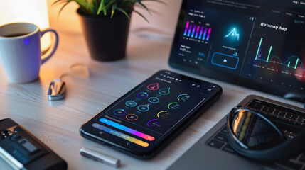 Wellness technology workspace with devices displaying fitness and health data, promoting a healthy lifestyle.