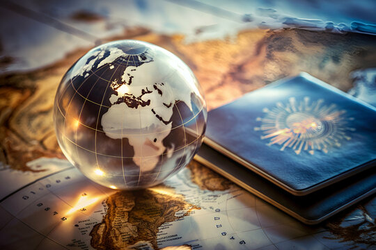 A globe sits on top of a passport and a map - Powered by Adobe