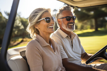 generated illustration of Mature couple riding golf car on the golf field.