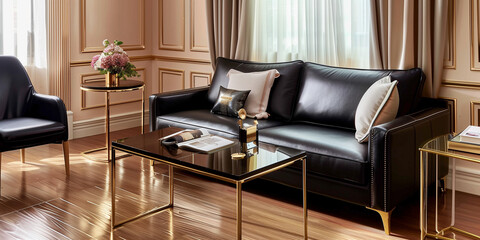 European black three seater leather sofa with brass legs, straight armrests and prominent stitching.
