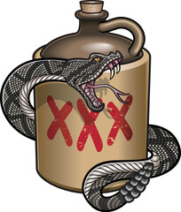 Rattlesnake twisted around vintage moonshine whisky jar