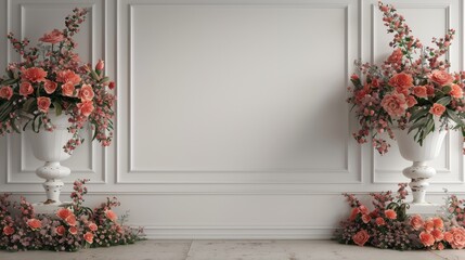 Naklejka premium Elegantand roses in classical vases by the wall