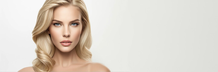 Naklejka premium Flawless blonde with an elegant hairstyle of long hair on a white background with copy space.