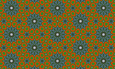 Hexagonal design with teal, lime green and orange flower patterns
