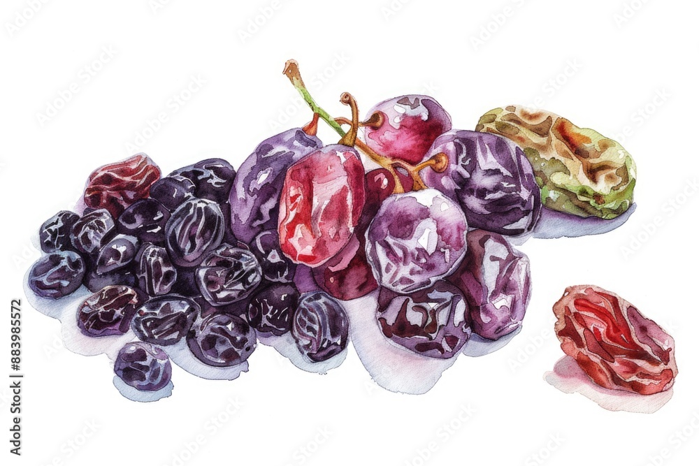 Wall mural Assorted Aquarelle Raisin Collection. Hand-drawn Watercolor Illustration of Various Sweet Raisins