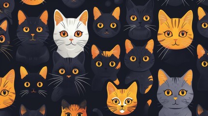 Seamless pattern with cute cartoon cats of different breeds on dark background