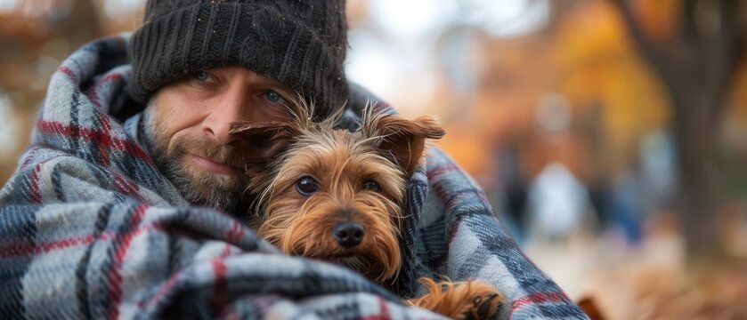 Homeless couple with their small dog, seeking warmth under a blanket on a park bench
