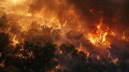 Naklejka premium Forests on fire, illustrating the impact of climate change, intense scene