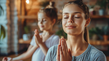 Two young women practicing yoga together in a cozy home setting, focusing on mindfulness and relaxation with serene expressions.