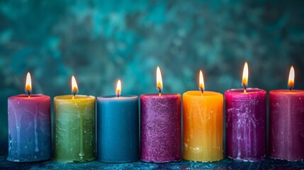 An assortment of colorful candles burning brightly against a dark blue background