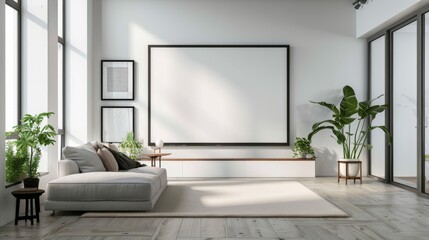 A modern living room with white walls, wooden floor and sofa