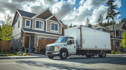 Buying a home concept with a moving truck parked in front of a sold sign.