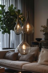 Create a living room image featuring a vintage pendant light