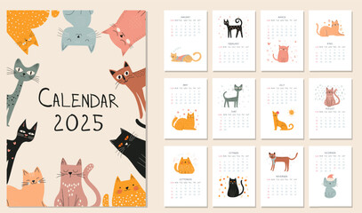 2025 Annual Calendar animals, Layout with cute baby Doodle Cats animal. Set of 12 month vector illustration, Hand Drawn kitten character in style isolated on white background. Cover scribble design