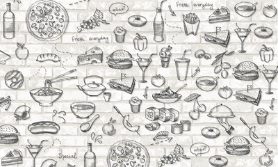 Fast food seamless pattern on bricks background , vector illustration design.
