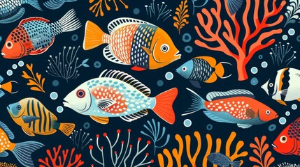 Fototapeta premium Colorful Tropical Fish and Coral Seamless Pattern
