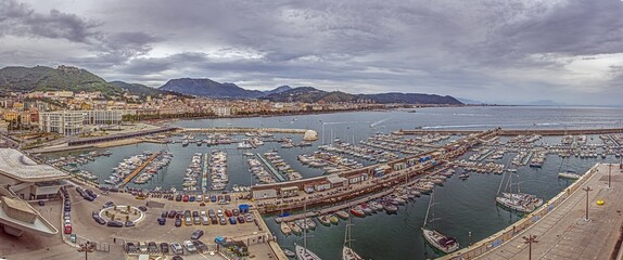 Drone panorama over the harbor of the Italian city of Salerno on the Amalfi Coast