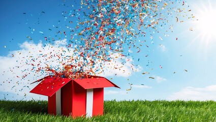 Red gift box with an explosion of colorful confetti on green grass under a clear blue sky.