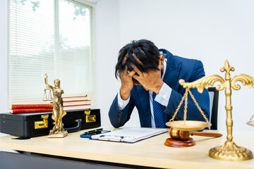 A male Asian lawyer in a formal suit navigates contracts, agreements, and legal obligations amidst...