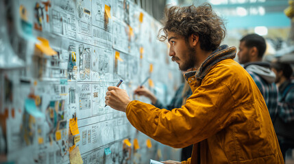 A telephoto angle photo of students brainstorming ideas on a whiteboard, sketching designs and writing notes, showcasing creativity and collaboration in the planning stage, with co