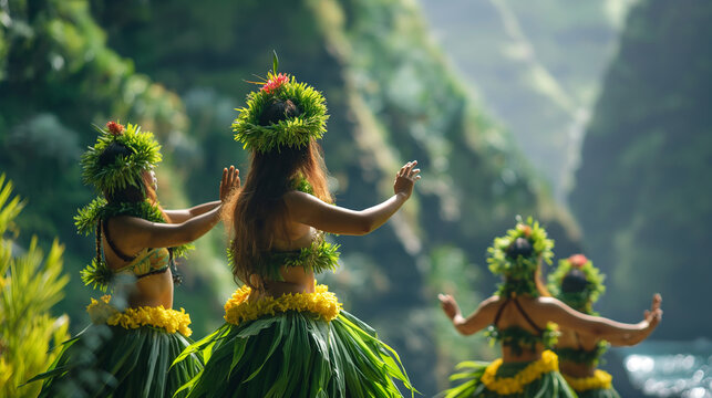 Hawaiians performing hula to honor their gods, graceful and rhythmic, upper third copy space