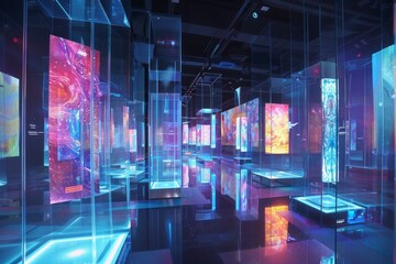 Obraz premium A futuristic, holographic stage with transparent floors and walls, surrounded by floating digital screens displaying abstract art. 