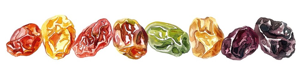 Obraz premium Delicious Variety of Hand-drawn Watercolor Raisins on White Background