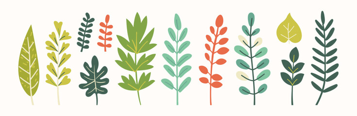 Tree and leaf collection hand drawn flat design element. botanical set of bare trees and ones with leaves and lush limited pastel color