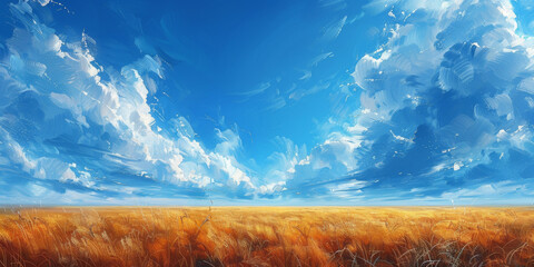 抽象的な野原と青空に舞う雲
