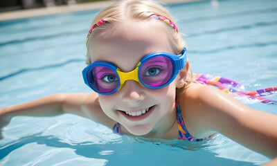 Fototapeta premium A young girl wearing a pink and blue swimsuit is smiling and splashing in a pool