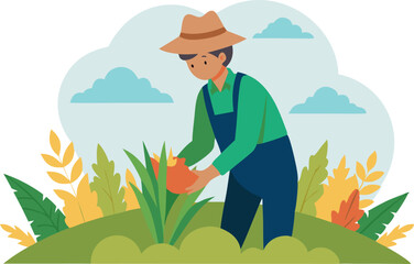 Farmer working in a field harvesting crops