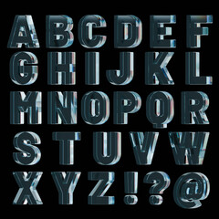 3d render of glass trendy letters blue transparent alphabet