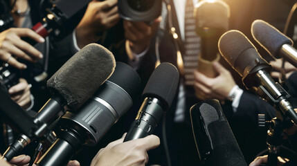 Naklejka premium Press conference with multiple microphones held by journalists and photographers
