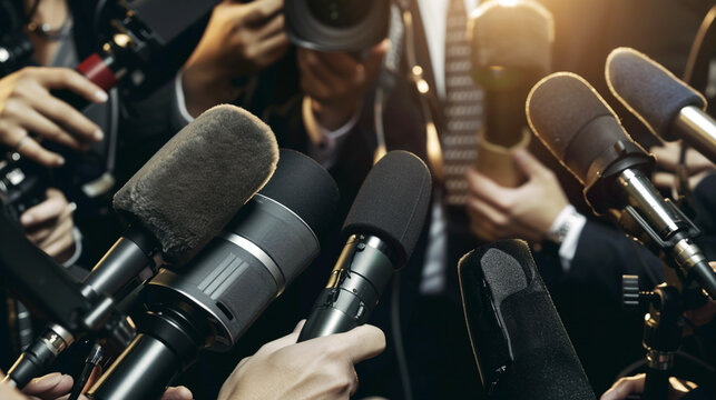 Press conference with multiple microphones held by journalists and photographers
