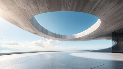 A view of the sky from an open rooftop terrace with a curved concrete ceiling