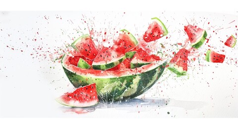 Flying watermelon pieces in a bowl over a ripe watermelon on a white background