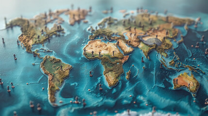 People on the world map. Business startup work moments flat 3d banner. New ideas, search for investor, increased profits. Business situation. Raster image.