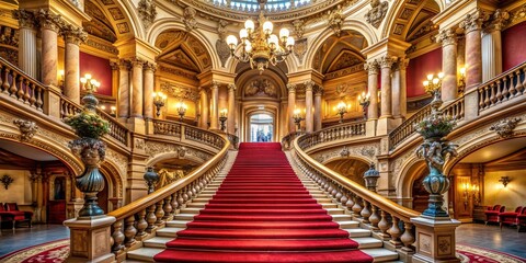 Obraz premium Ornate grand staircase with gilded banisters and red carpet, sweeping curves and majestic architecture, sets the tone for a majestic theatrical performance backdrop.