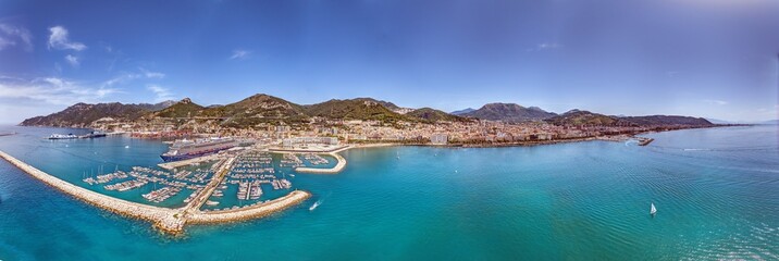 Drone panorama over the harbor of the Italian city of Salerno on the Amalfi Coast